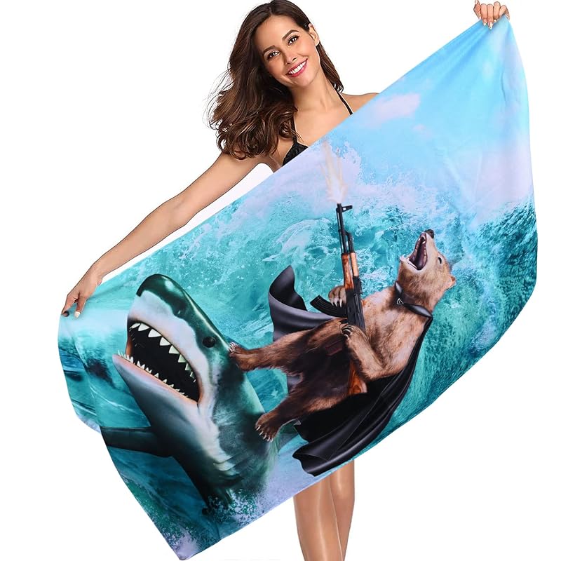 Shark Bear Beach Towel 30 x 60 in | Oversized Microfiber Quick Dry Sand Free