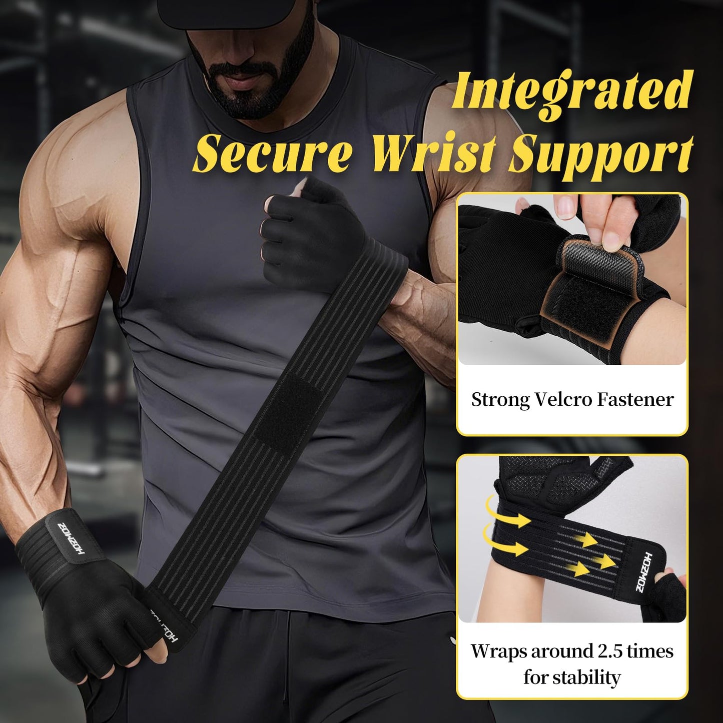 HOZMOZ Weight Lifting Gloves with Wrist Support, Gym Workout Gloves for Men Women, Full Palm 6mm Padded & Grip, Exercise Wrist Wraps for Weightlifting, Fitness, Strength Training, Large