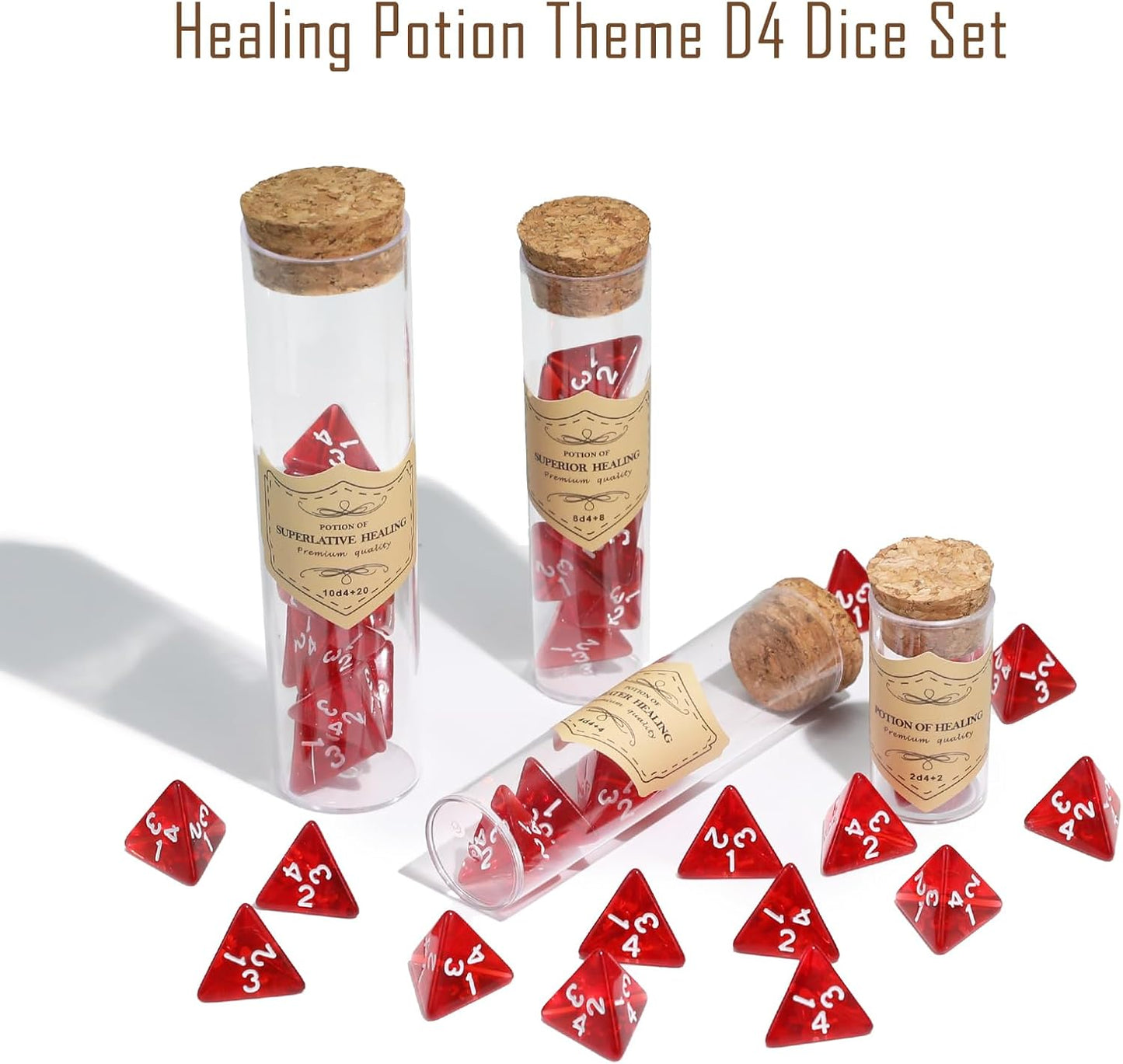 24Pce Red Polyhedral D4 Dice Set, Roleplaying Healing Potion Bottles with Cork Lids for RPG Board Table Gaming, Compatible with Dungeons and Dragons D&D MTG Accessories