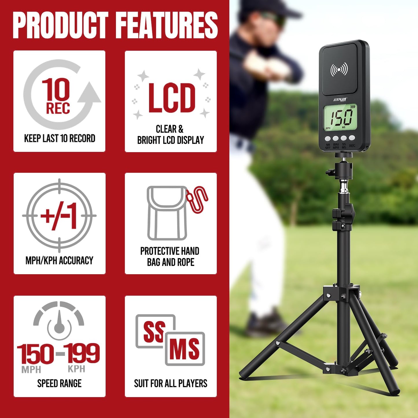 Rotatable Baseball Radar with Tripod,High-Speed Pitching & Swing Tracker,Accurate Speed Radar Gun with Memory Recall & LCD Display,Handheld or Hand Free Speed Sensors Equipment for All Baseball Player