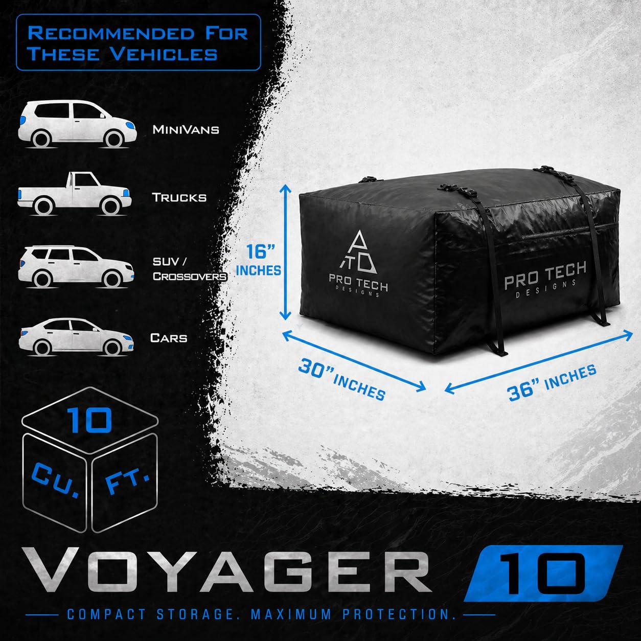 Voyager 18 Waterproof Rooftop Cargo Carrier Bag, 18 Cubic Feet Vehicle Roof Storage with Straps & Door Hooks, Heavy Duty Car Top Carrier for SUVs, Vans, RVs & Trucks, 48" x 36" x 18"