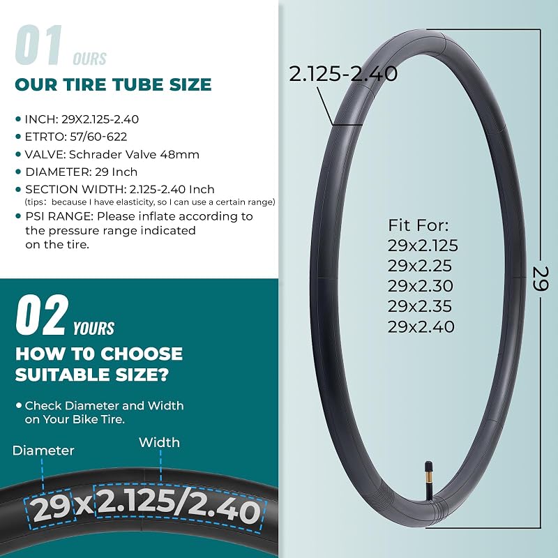 29x2.125-2.40 Bike Tubes with 48mm Schrader Valve – 2 Pack, Butyl Rubber