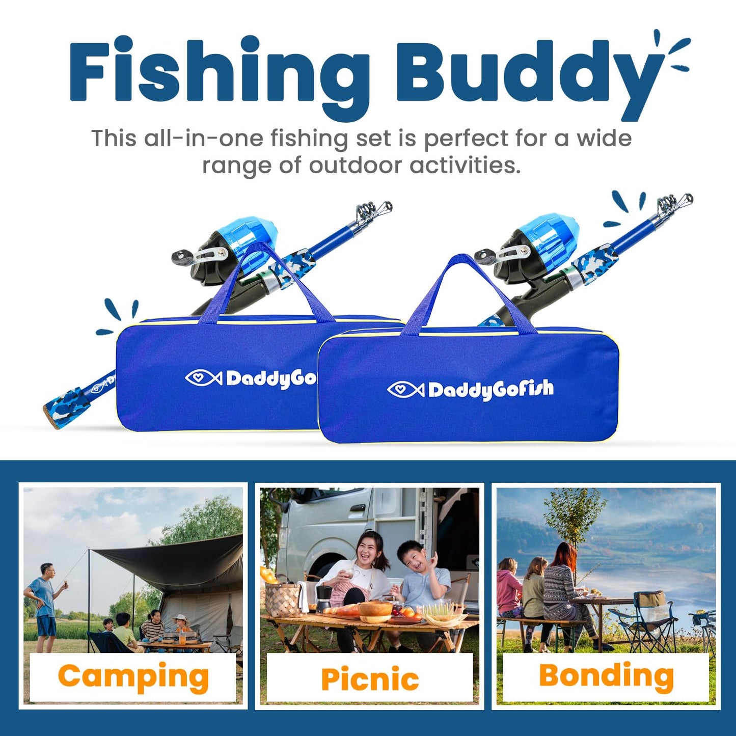DaddyGoFish Kids Fishing Pole - Rod Reel Combo Tackle Box Starter Set - First Year Small Dock Gear Kit for Boys Girls Toddler Youth Age Beginner Little Children Junior Anglers (2 Pack Blue + Blue 4ft)