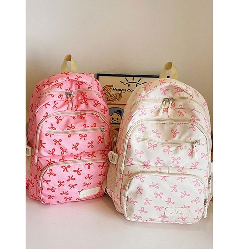 Pink Bow Backpack for Girls, 2025 Trendy Nylon Rucksack Cute Kawaii Preppy Backpack 3 Pcs Set With Bow Pattern (Pink)