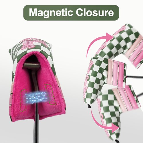 Craftsman Golf Green&White Checkered Putter Headcover Blade Putter Cover Golf Club Headcover Putter Cover for Woman Pink Lettering Fits for Ping Scotty Cameron
