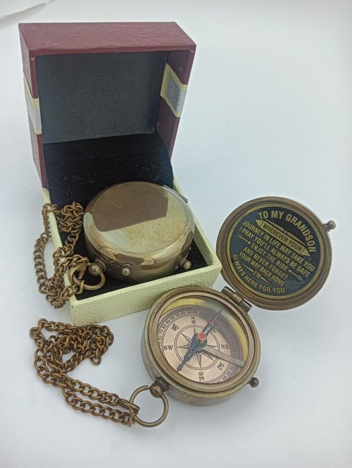 Decor&More to My Grandson Brass Prayer Compass with Wooden Box Religious Gift for Men, Graduation Gift Hiking & Traveling
