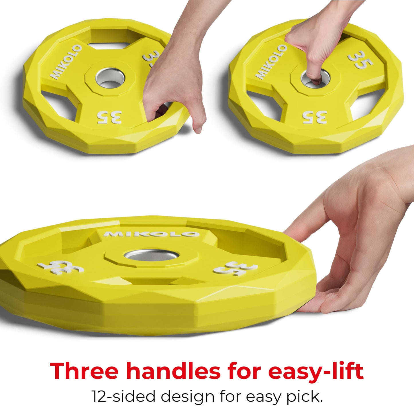 Mikolo Olympic Weights Set 2-Inch Rubber Plates, 12-Sided Non-Roll Rubber Grip with 3 Handles for Home Gym, Strength Training 35LB Pair