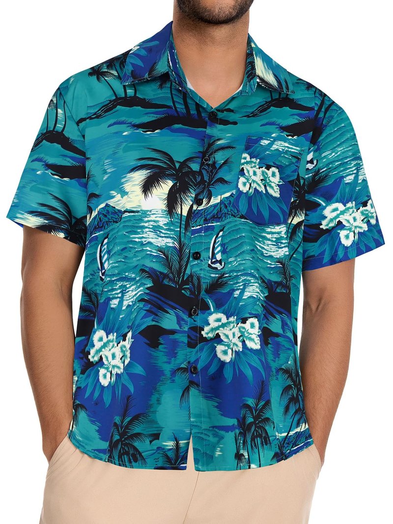 Mens Hawaiian Shirt Short Sleeve Summer Beach Casual Tops Button Down T Shirts with Pocket(Green Palm Tree,XL)