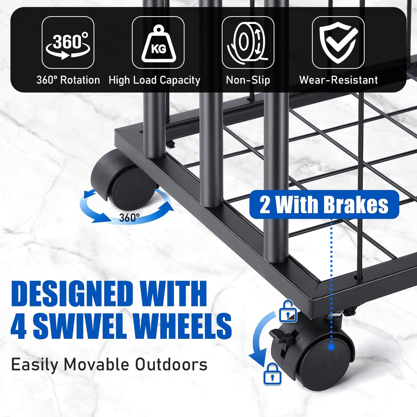 TOBWOLF Large Garage Ball Storage Rack with Wheels, Sports Equipment Organizer Rolling Ball Storage Cart, Freestanding Ball Holder with Elastic Rope for Basketball, Football, Garage, Gym