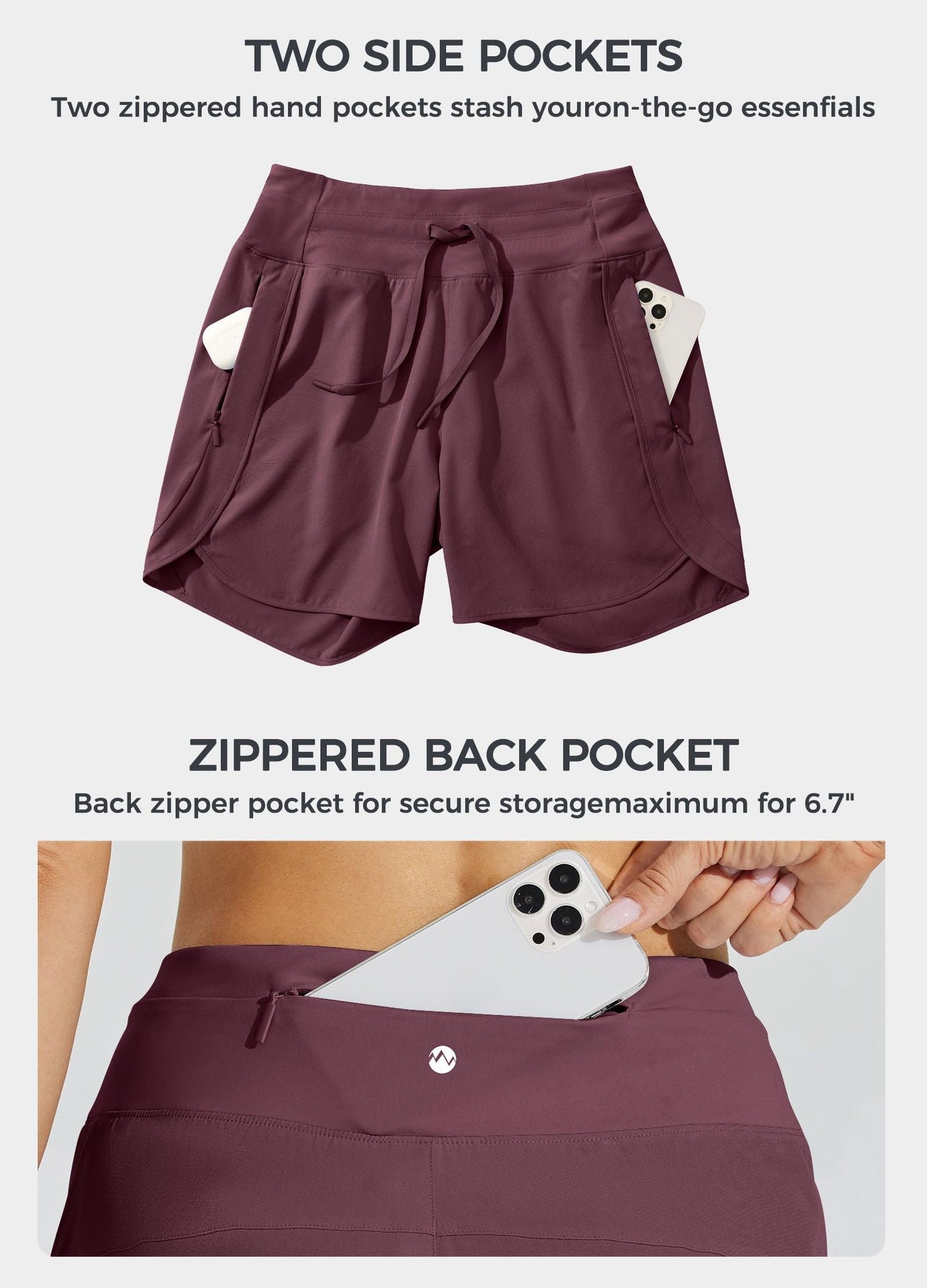 Willit Women's 7" Athletic Running Long Shorts Workout Hiking Shorts Quick Dry High Waisted Active Zipper Pocket Dark Red L