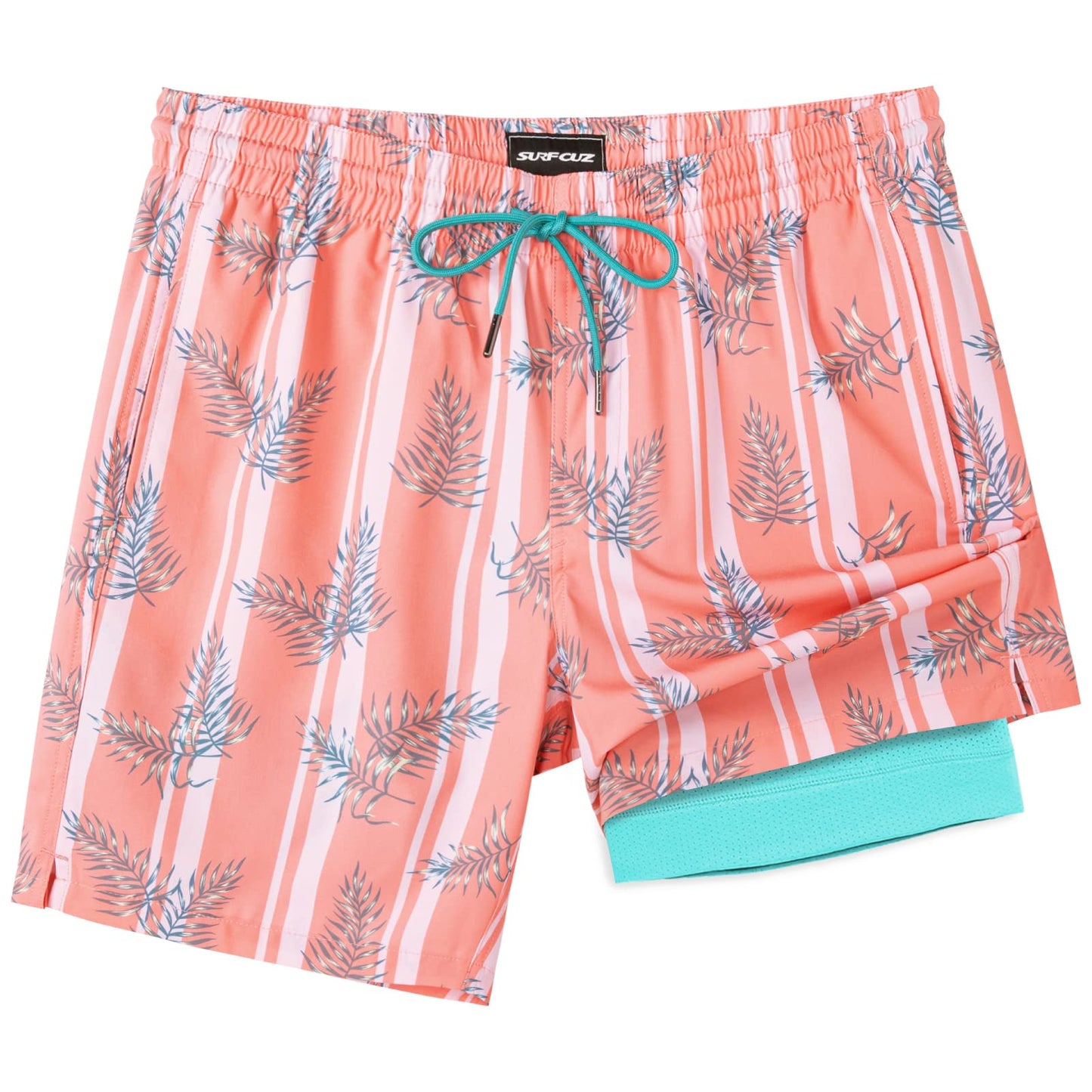SURF CUZ Mens Swim Trunks with Compression Liner Quick Dry Swim Shorts 7" Swimming Trunks Stretch Zipper Pockets Orange Striped Leaves X-Large
