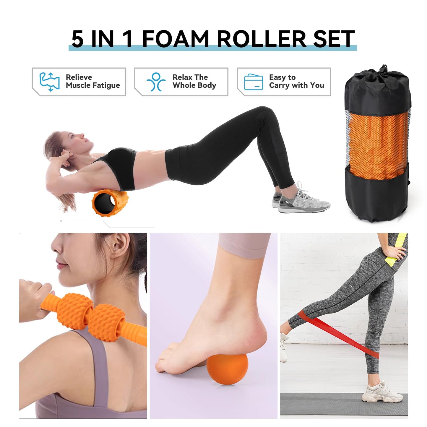 Zmarthumb 5 in 1 Foam Roller Set, High Density Fitness Exercise Foam Roller for Deep Tissue Muscle Massage, Massage Roller, Massage Ball, Resistance Band, for Whole Body(Orange)