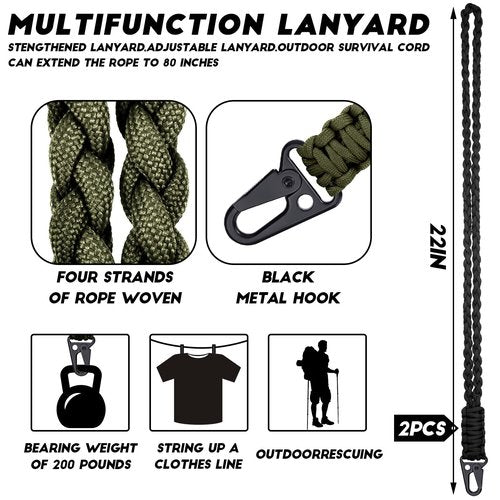 Frienda 2 Set Heavy Duty Paracord Lanyard Necklace Whistles Strap Braided 550 Keychain Lanyard for Outdoor Activities (Black, Army Green)