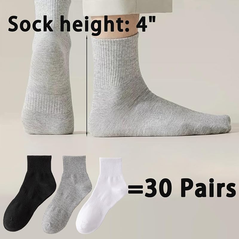 30 Pairs Crew Socks - Unisex Cotton Athletic Socks 4-8 (Black White Gray) - 12/30 Pairs