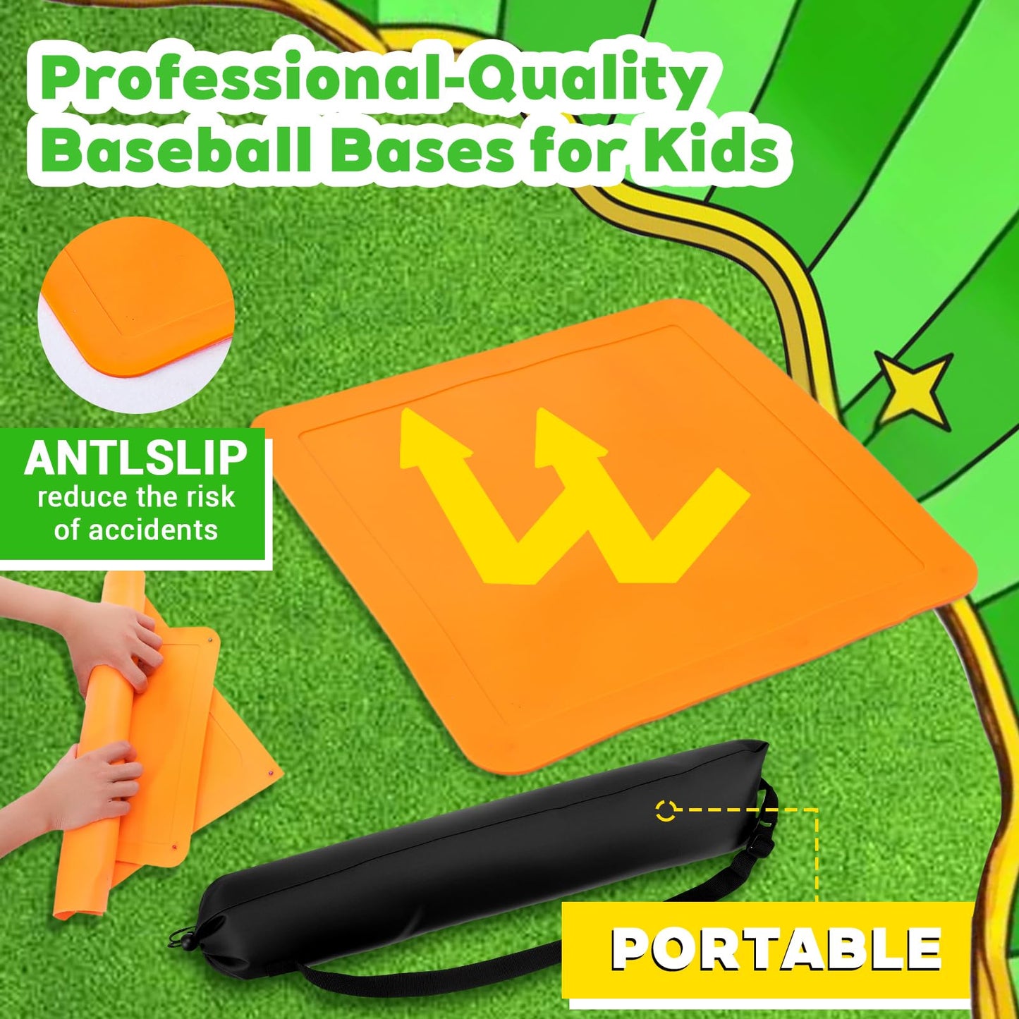 5-Piece Baseball Base Set with Black Carry Bag, Throw Down Baseball Bases, Bases for Kickball - Includes 3 Square, 1 Rectangle, 1 Pentagon Bases(Orange, PVC)