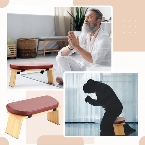 Beeveer Folding Meditation Bench with Leather Cushion Bamboo Stool Comfortable Prayer Seat Seiza Meditation Chair for Yoga, Travel, Pray, Zen Practice Stool