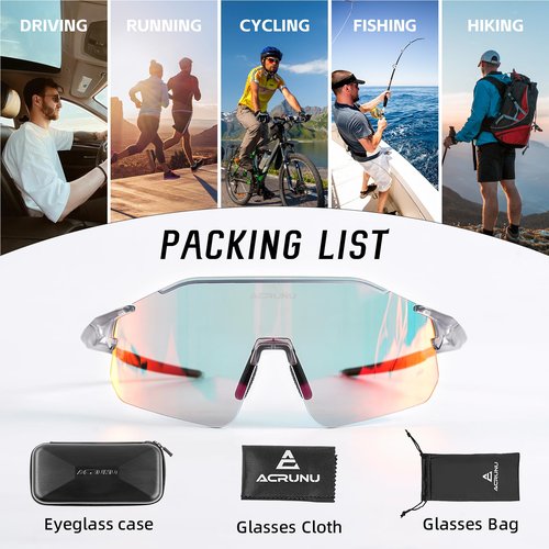 ACRUNU Cycling Glasses with Night Glow Photochromic & Anti-Fog Lens UV400 Protection HD Vision for Cycling Driving Unisex (Gray-colorful)
