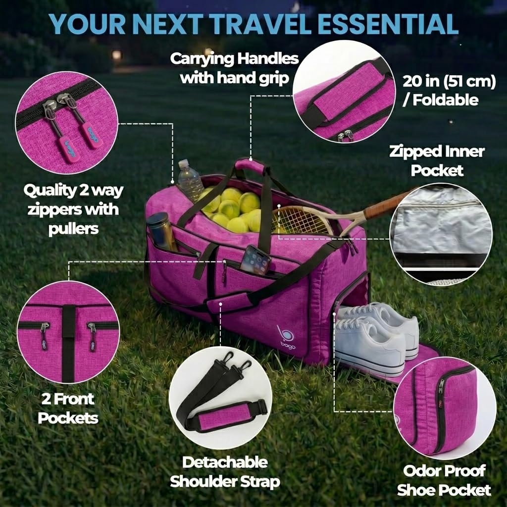 Bago Compact Duffle Bag for Travel Women & Men. Durable Lightweight Foldable Travel Duffel Bags For Traveling Women. 40L Duffle Bags a Reliable Weekender duffel or Overnight Bag With Shoe Compartment