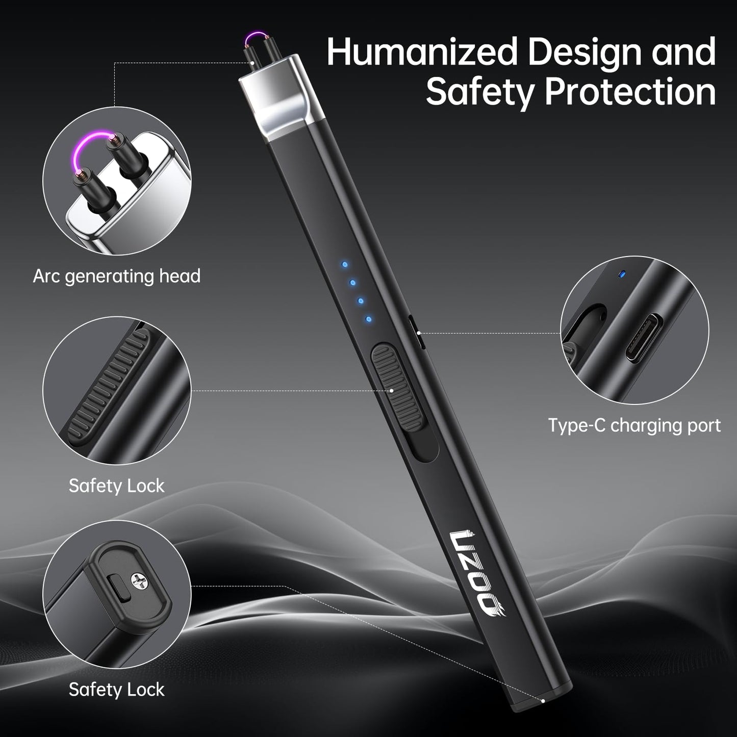 2 PCS Long Lighter, Candle Lighters Electric Lighter, Rechargeable Arc with LED Display, Lighters for Candle Aromatherapy Camping BBQ Gas Stoves-Deep Black