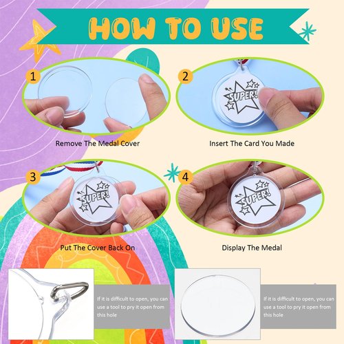 Loetere 24 Sets DIY Blank Medals for Kids, Design Your Own Award Medals with Colorable Sheets and Blank Sheets, Custom Acrylic Awards Kit with Ribbon for Back to School Field Day Games Prize Gifts