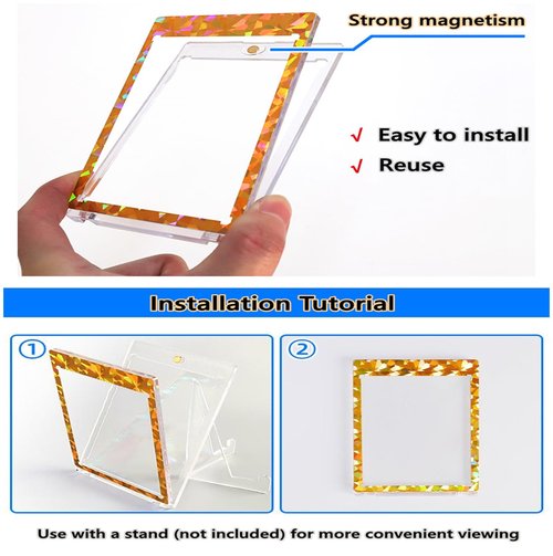 5 PCS Magnetic Card Holder, 35pt One Touch Laser Bronzing Card Holder, U-V Protectors Hard Plastic for Trading Cards, Magnet Case, Sports, Football, Baseball Cards Holder-Glass Gold