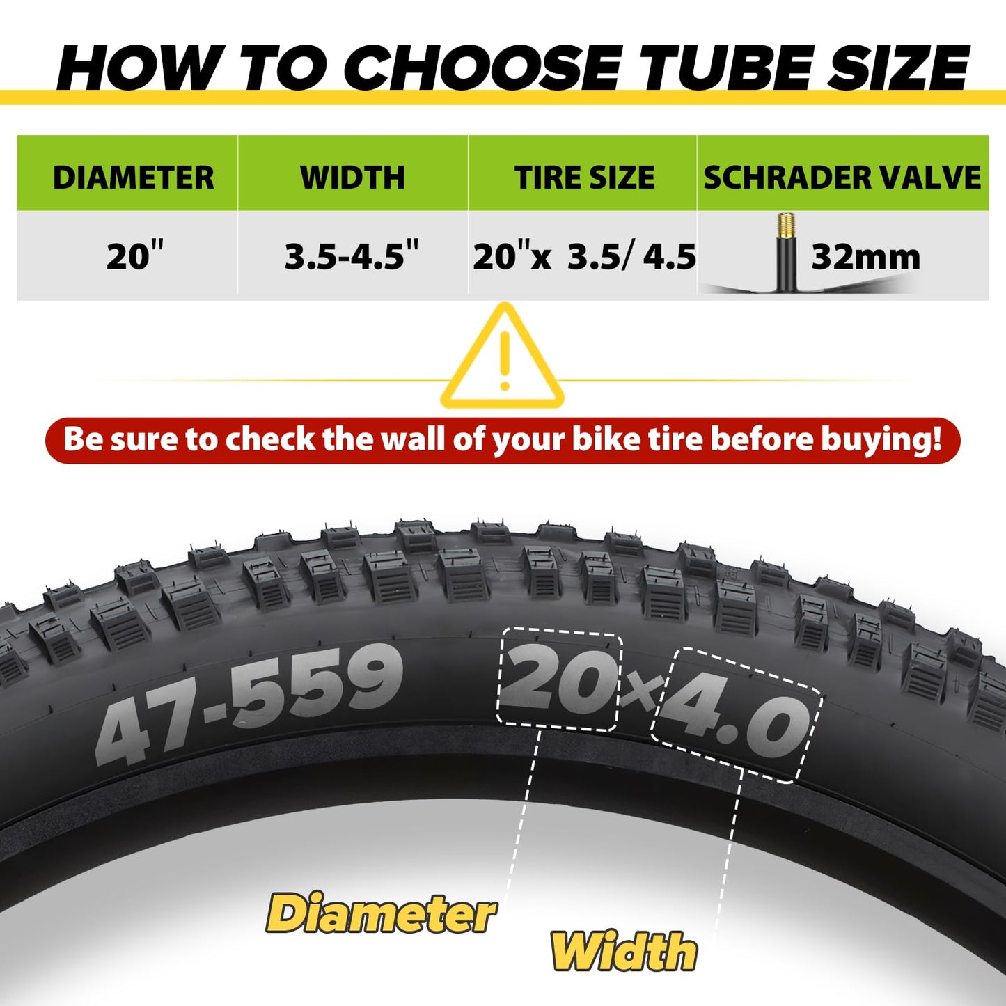 2 Pack 20x4 Fat Tire Bike Inner Tubes with AV 32mm Valve, Premium Butyl Rubber 20 x 3.5-4.5" Inner Tube with 2 Tire Levers, 20 x 4.0 Fat Tire Tube for Road/Mountain/E Bike by Hydencamm(2 of One Size)