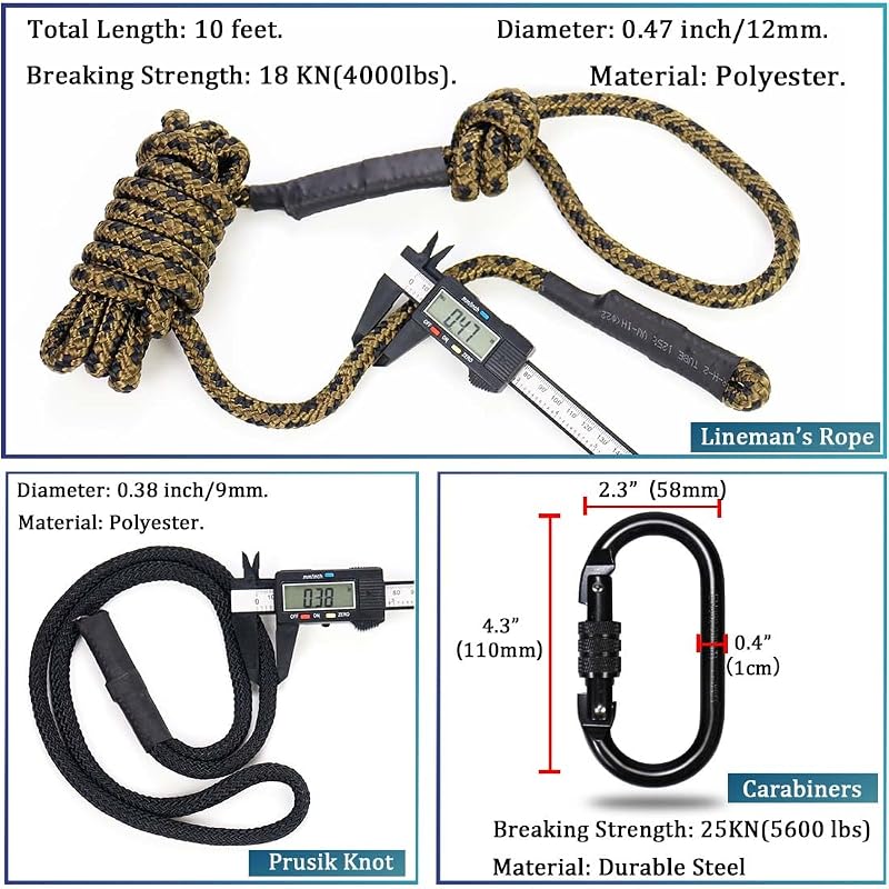 Lineman's Hunting Rope Safety Lifeline 9 ft Tree Stand Gear, Brown/Black+1