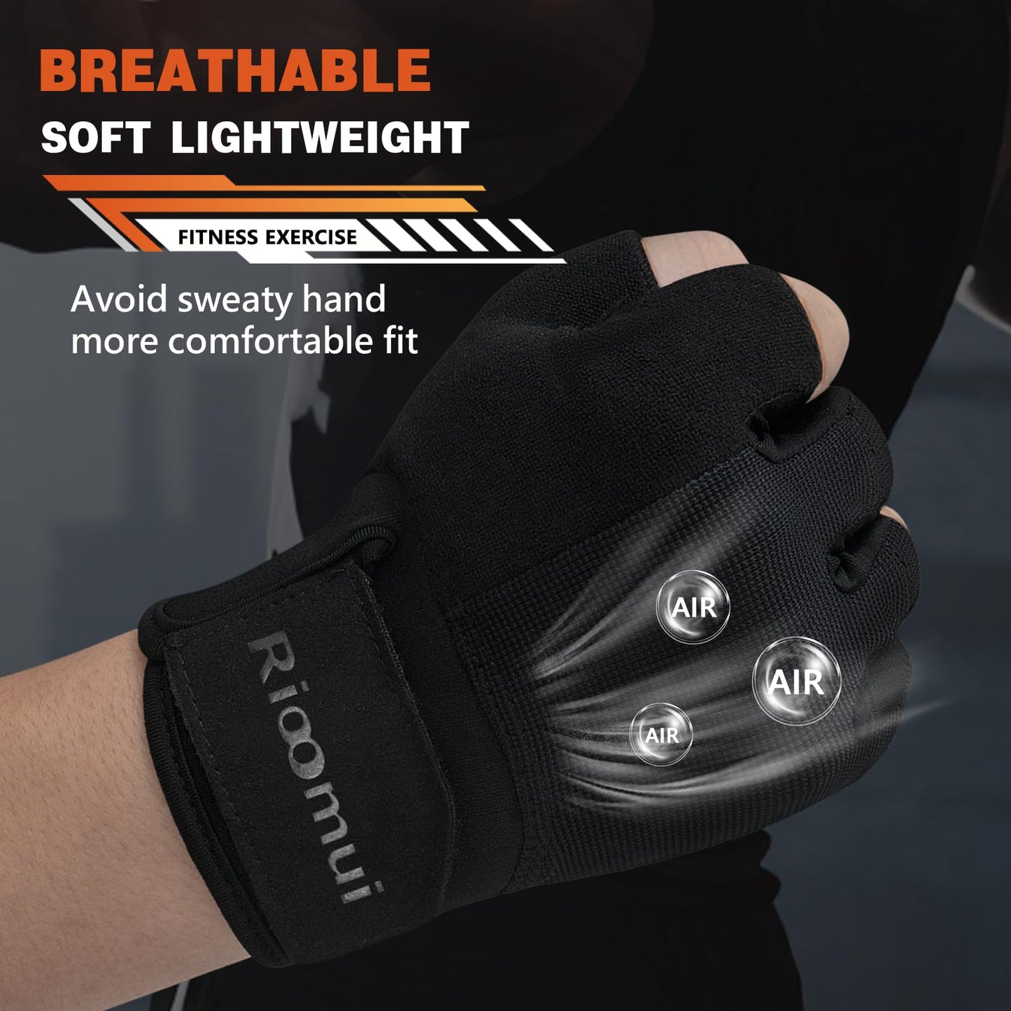 Rioomui Gym Gloves for Men,Lightweight Breathable Workout Gloves Women with Excellent Grip and Snug fit for Weight Lifting, Gym,Training, Crosstraining, Pull ups, Fitness-Black-XL