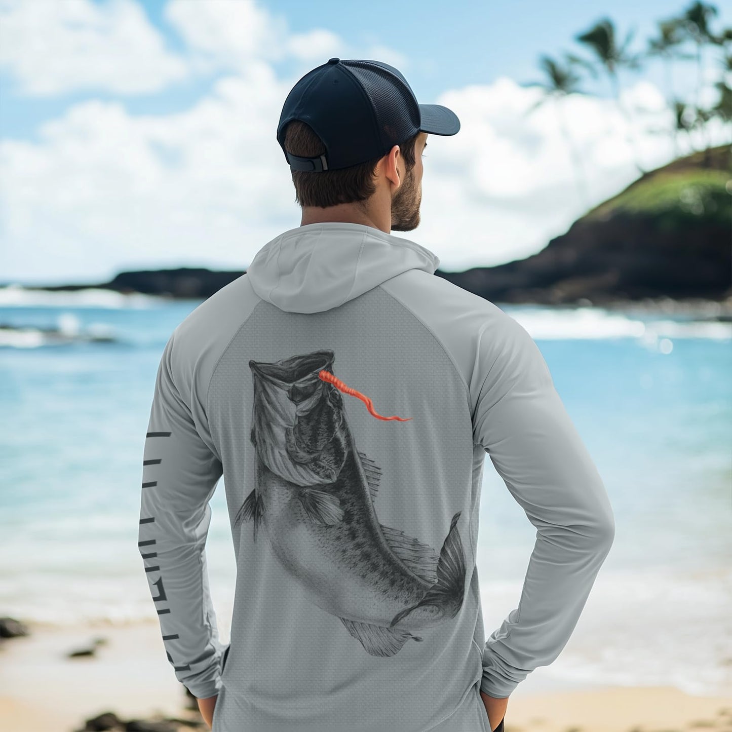 Palmyth Sun Hoodie Mens,Hooded Fishing Shirt Long Sleeve UPF 50+ Sun Protection Mens Fishing Shirt Sketch Rash Guard Breathable Quick-Dry (Gray/Largemouth Bass, L)