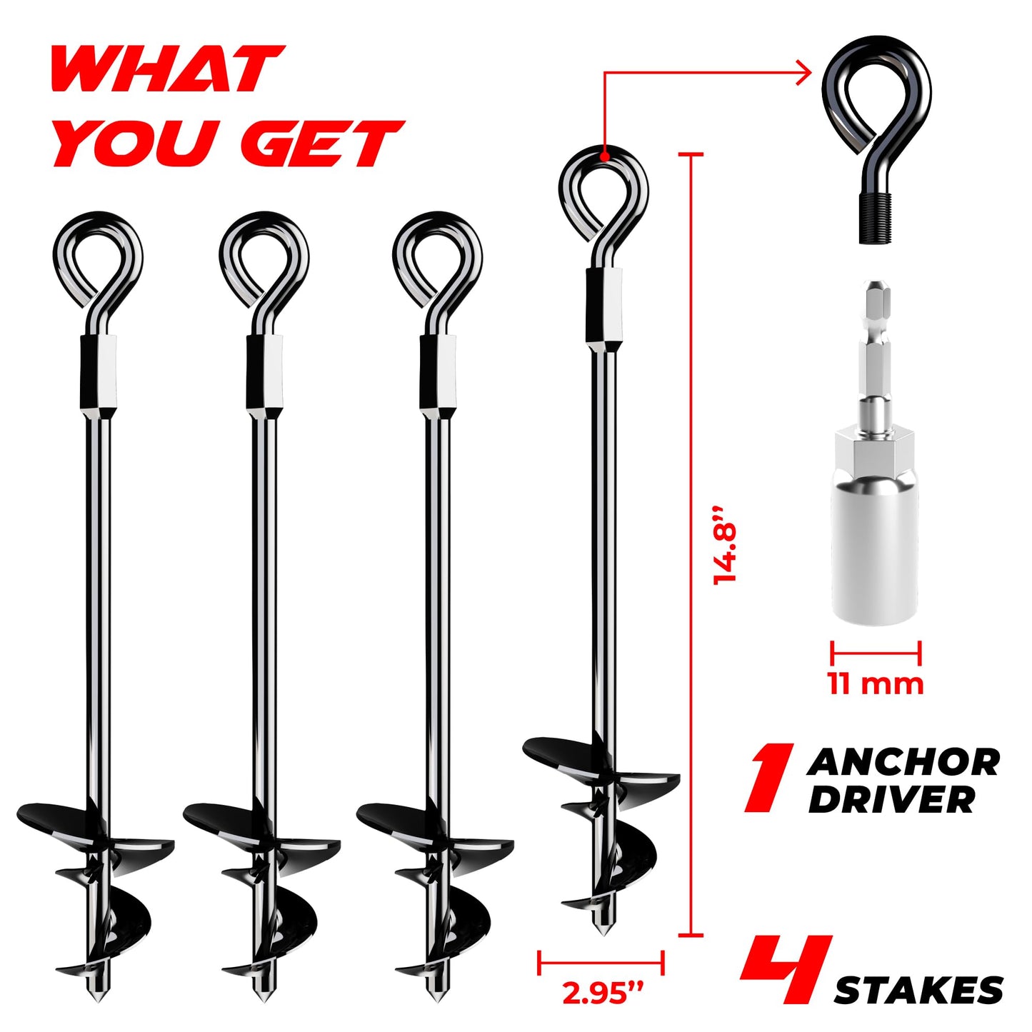 15" Ground Anchors Screw-in - Heavy Duty for High Winds - Ground Stakes - Earth Anchors for Sheds, Swing Sets, Tents, Trampolines, Gazebos, Carports, and Hurricane Tie-Downs