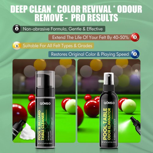 QONS Pool Table Felt Cleaner Kit, Fast Clean Billiard Table Felt Cleaner Spray & Odor Eliminator Kit with Cleaning Cloth, Ready-to-Use Foam & No Residue | Essential for Home & Game Rooms