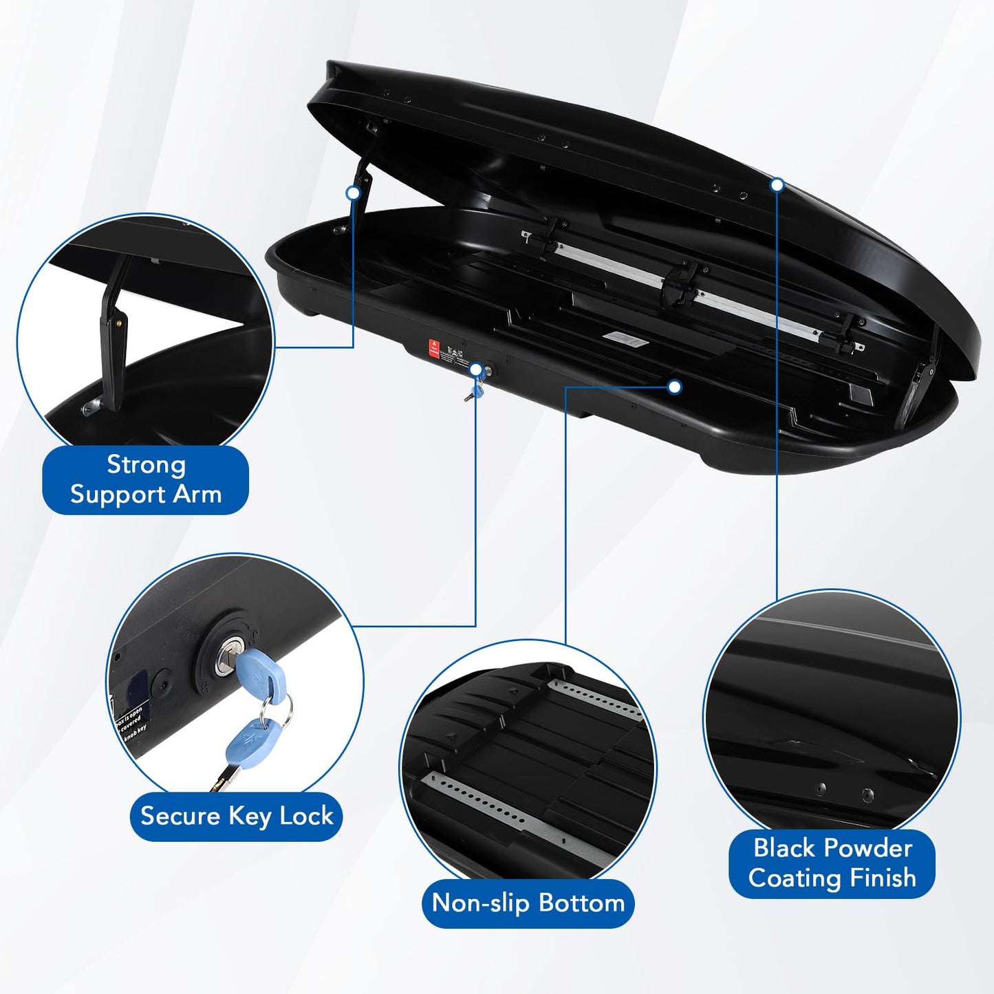 GarveeTech 69 Inch Rooftop Cargo Box Carrier, 17 Cubic Ft. Hard Shell Roof Rack Cargo Carrier with Security Keys, 165 Lbs Capacity Waterproof Rooftop Storage Box, Dual Side Opening