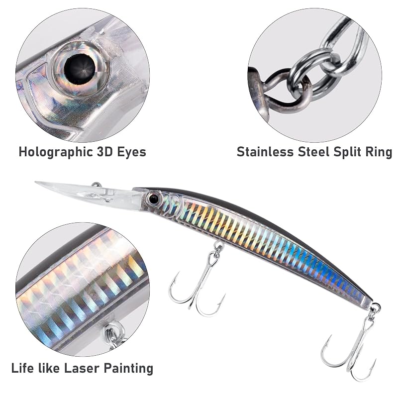 Dr.Fish 3 Pack Deep Diving Minnow Jerkbait Lures - 13ft, Clown Color, Saltwater & Freshwater