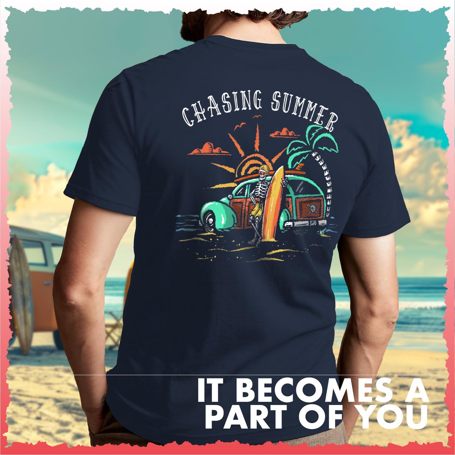 Salty Bones Chasing Summer Woody Car Sunset Surfer Beach Graphic T-Shirt, 100% Ringspun Cotton, Classic Fit, Printed in USA (US, Alpha, X-Large, Regular, Regular, Navy)