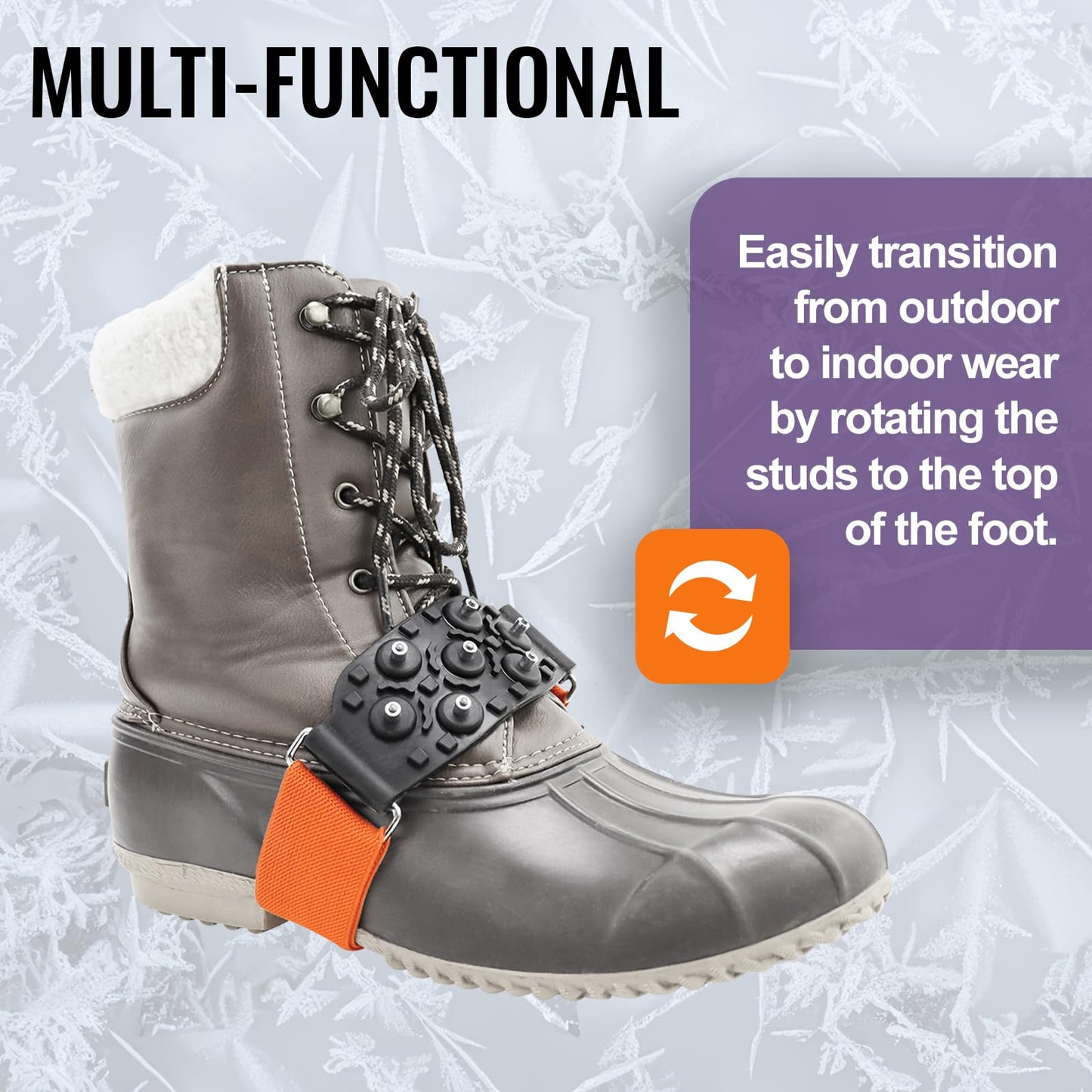 Ice Gripster Treads Nonslip Traction Cleats for Snow and Ice, Anti-Slip Overshoe Mid-Sole Crampons with Adjustable Straps, 7 Tungsten Studs for Secure Grip, Orange and Black