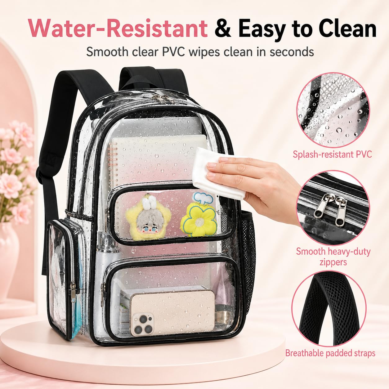 CAMTOP Clear Backpack Heavy Duty Transparent Bag for Stadium Events See Through BookBag for Student School Work Festival Sport Travel (Black)