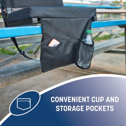 Skywalker Sports Foldable and Portable Stadium Seat, Cushion for Bleachers, Back Support, Drink Holder and Pocket, Carrying Strap, High Density Padding, Black, 2 Pack