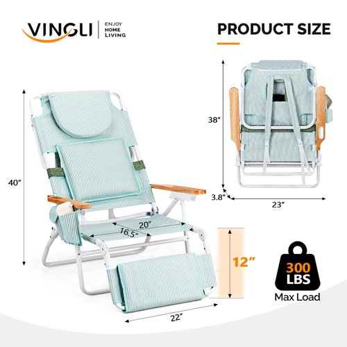 VINGLI Deluxe 3 in1 Beach Chair, Tanning Chair with Face Hole, Reclining Lounge with Foot Rest, Cup Holder and Storage Bag，Beach Lounge for Outdoor-Yellow