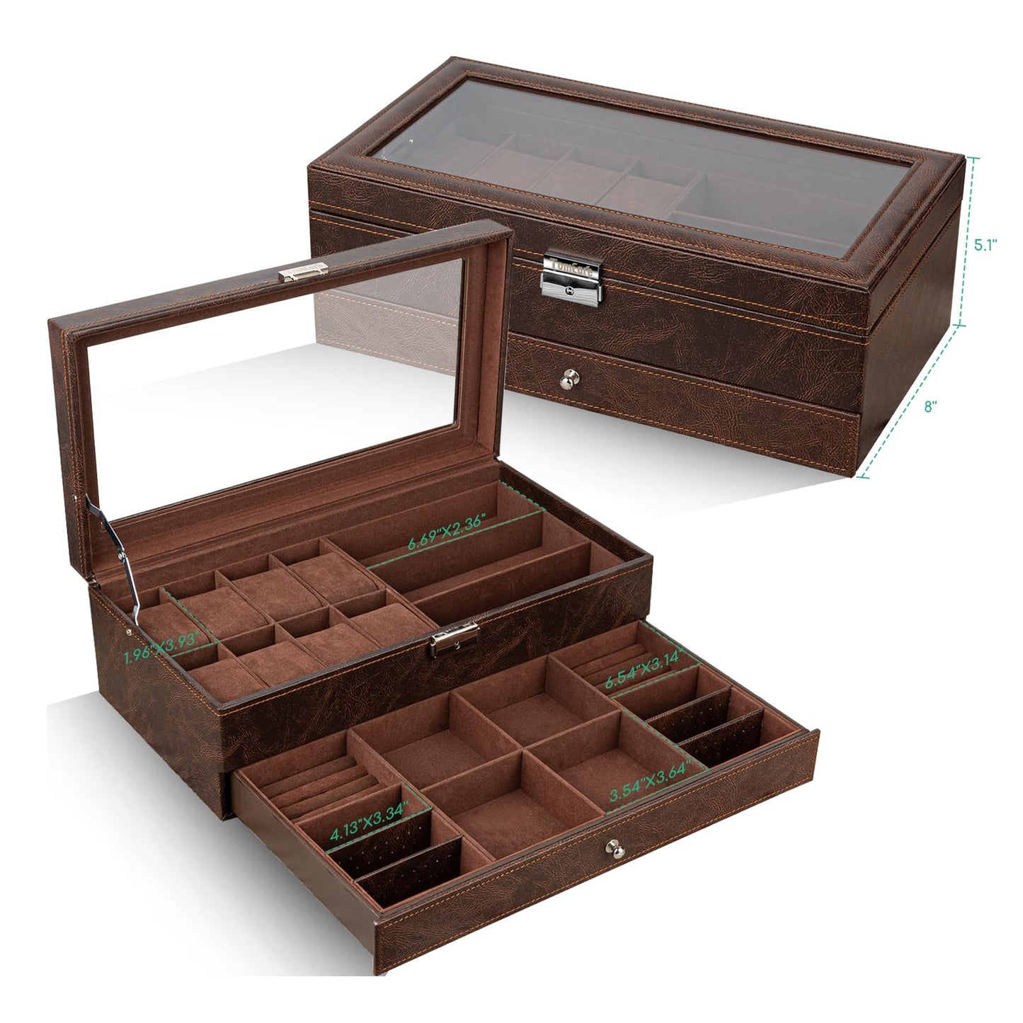 TomCare Watch Box 2-Tier Watch Case Jewelry Organizer Box with Thick Glass Lid Lockable Watch Organizer Jewelry Display Holder Sunglass Rings Necklaces Bracelets Storage Organizer for Men Women,Brown