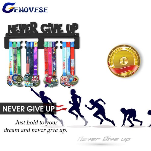 GENOVESE Medal Holder Display Hanger Rack,Black Never Give Up,Sturdy Steel Metal,Wall Mounted Race Medals-30cm