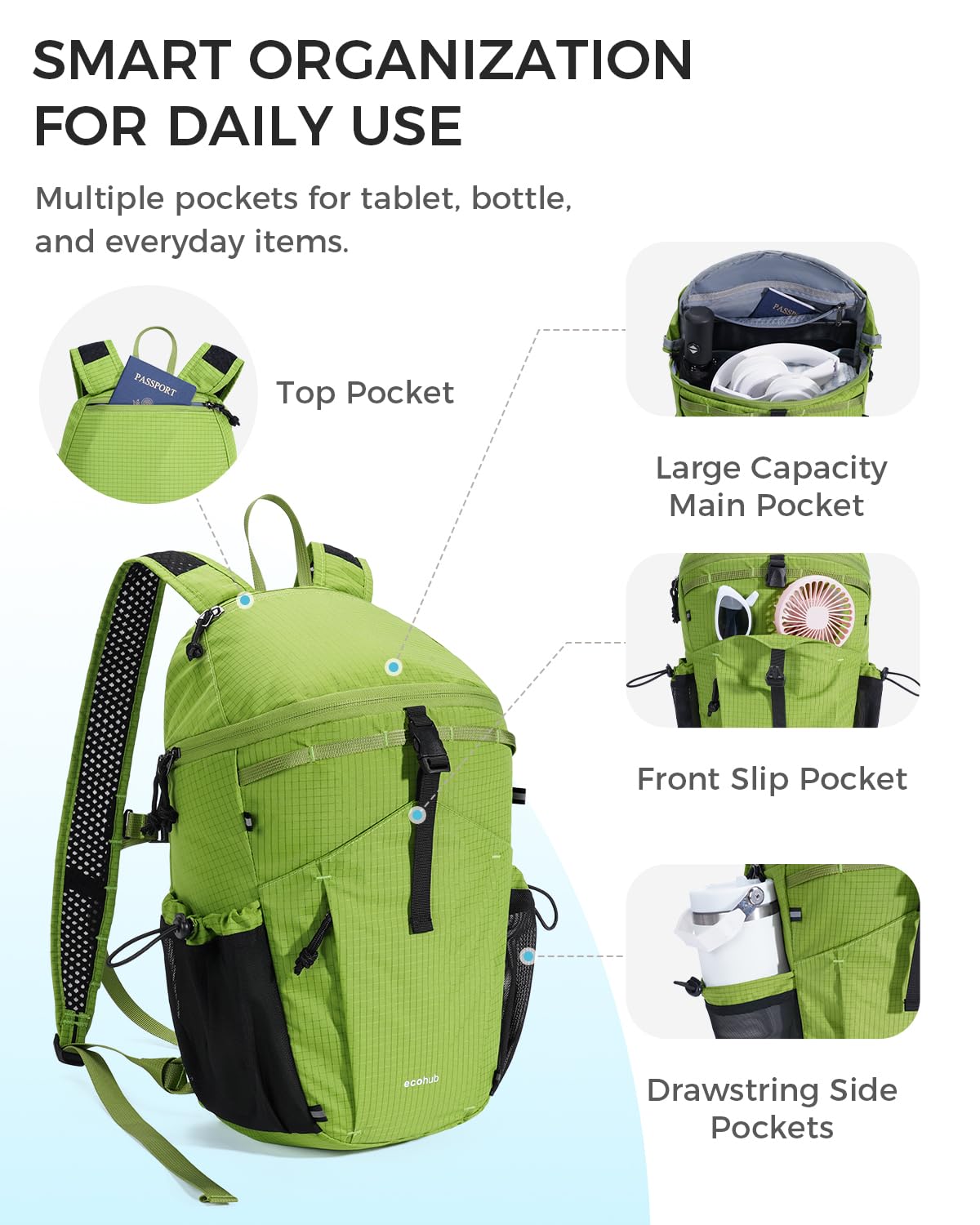 ECOHUB 15L Ultra-Lightweight Packable Backpack, Casual Daypack for Daily Use, Small Hiking & Travel, Foldable Backpack, Water-Resistant Nylon, Reflective Design