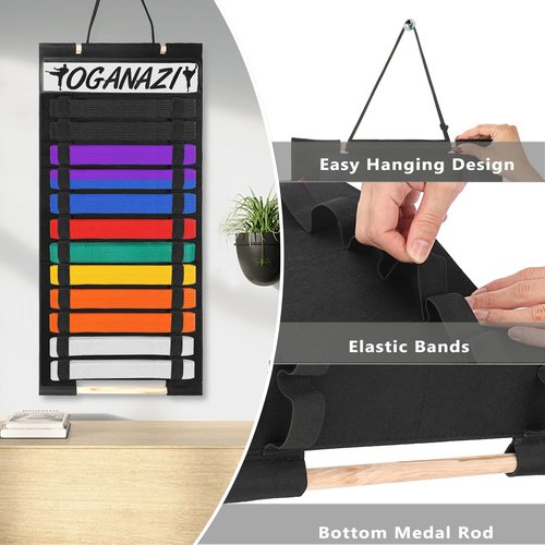 OGANAZI 12 Belts Karate Belt Display Rack with Personalized Stickers, Taekwondo Belt Display Holder with Bamboo Medal Rack, Felt Jiu Jitsu Belt Hanging Holder for Taekwondo, Karate, BJJ Learners