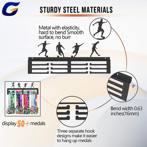 GENOVESE Soccer Medal Hanger Display Rack,Awards Holder,Sturdy Black Steel Metal,Wall Mount Over 50 Medals Easy to Install
