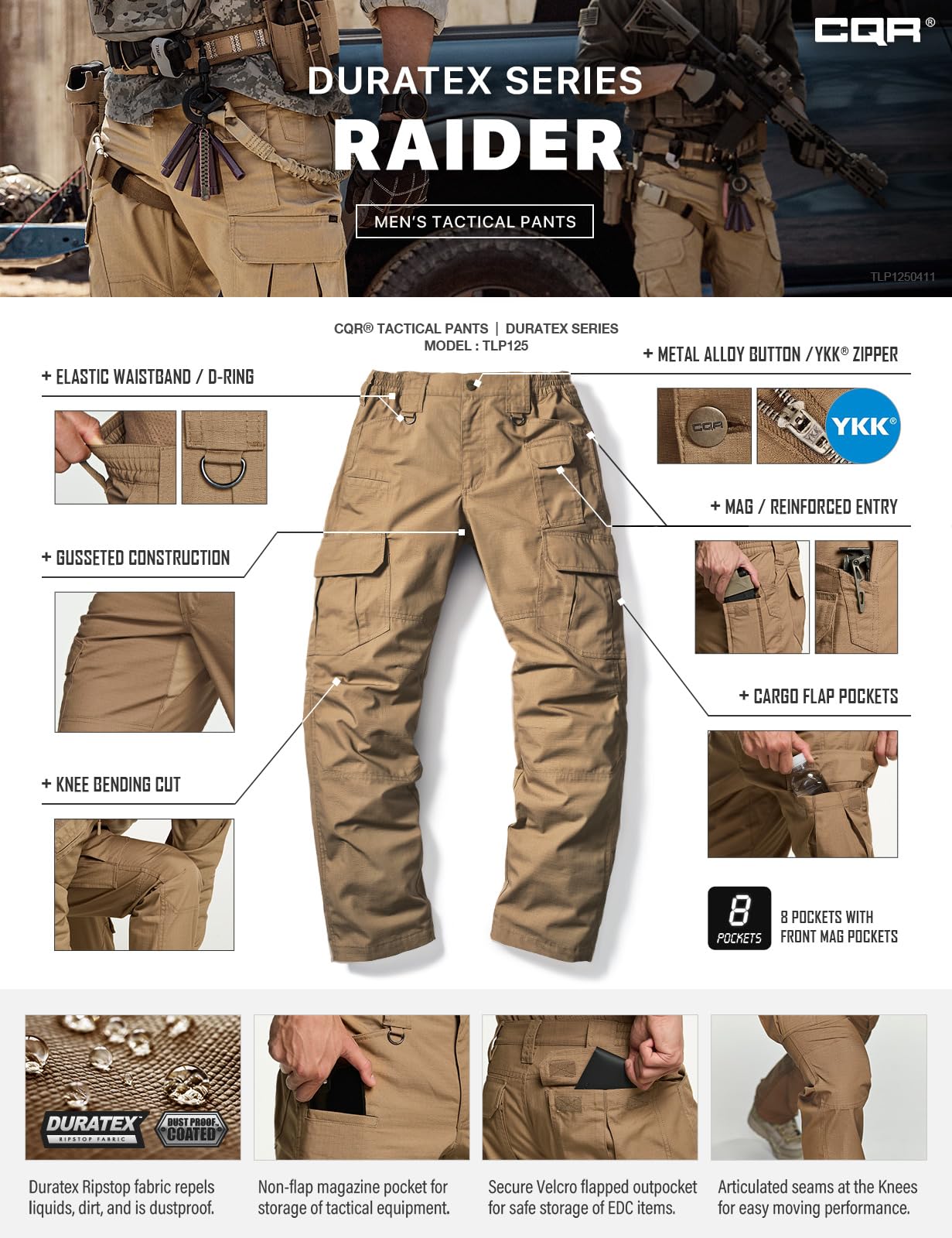CQR Men's Tactical Pants, Water Resistant Ripstop Cargo Pants, Lightweight EDC Work Hiking Pants, Outdoor Apparel, Raider Mag Cougar, 32W x 32L
