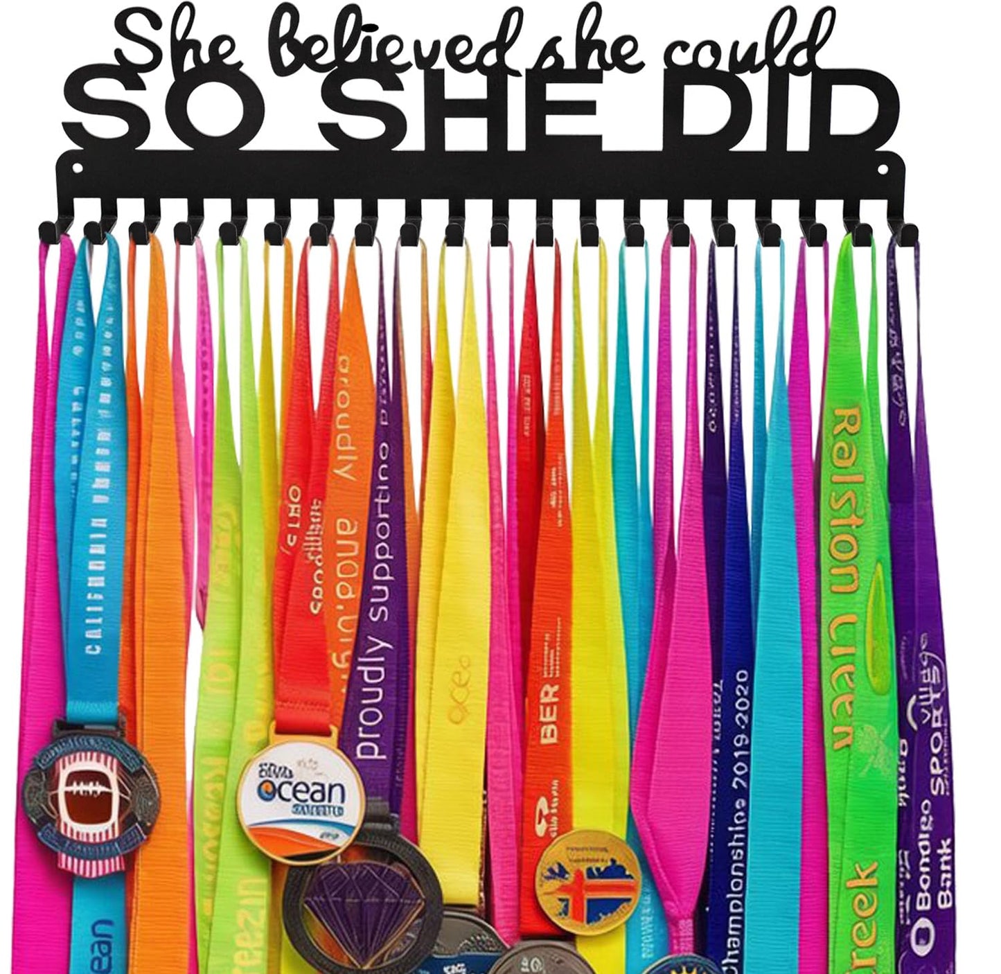 Lapetale Fashion Metal Medal Hanger Display for 63 Medals – She Believed She Could So She Did (16" Wide with 20 Hooks) - Black- Awesome Gifts-Patent NO.983560S