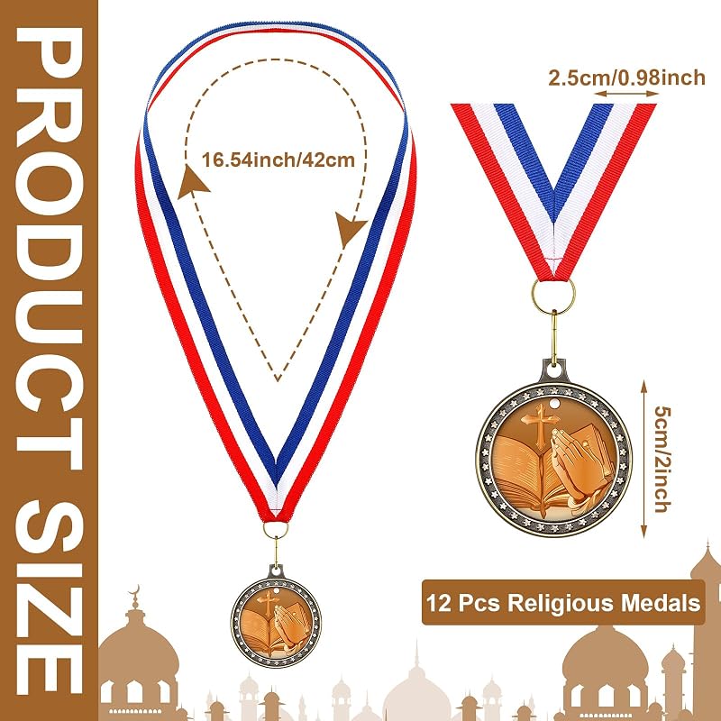 Religious Medal Set with Neck Ribbons 12pc Gold Cross Medals for Awards