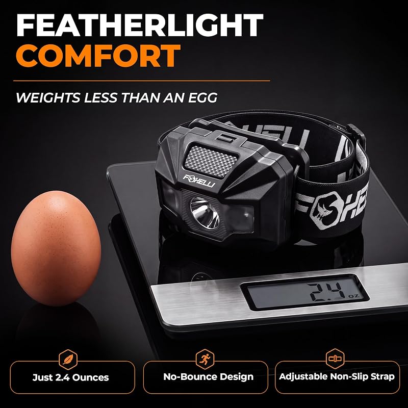 Foxelli USB-C Rechargeable Headlamp - Ultra-Light 2.4 oz, 180 Lumens, Red/White 5 Modes, IPX5 Waterproof (Black)