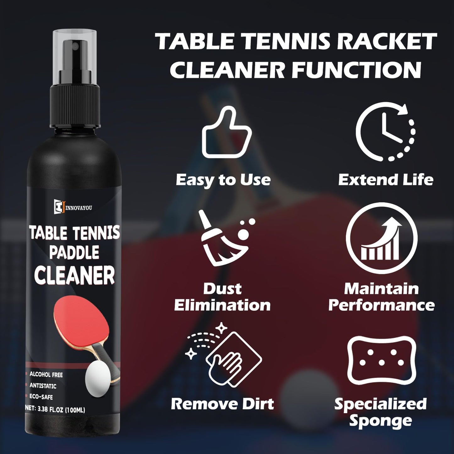 INNOVAYOU Table Tennis Racket Cleaner Kit, Table Tennis Cleaner 200ml with Sponge, Eliminate Dirt & Dust, Table Tennis Rubber Cleaner Helping Maintain The Tackiness of Make Rubber Last Much Longer