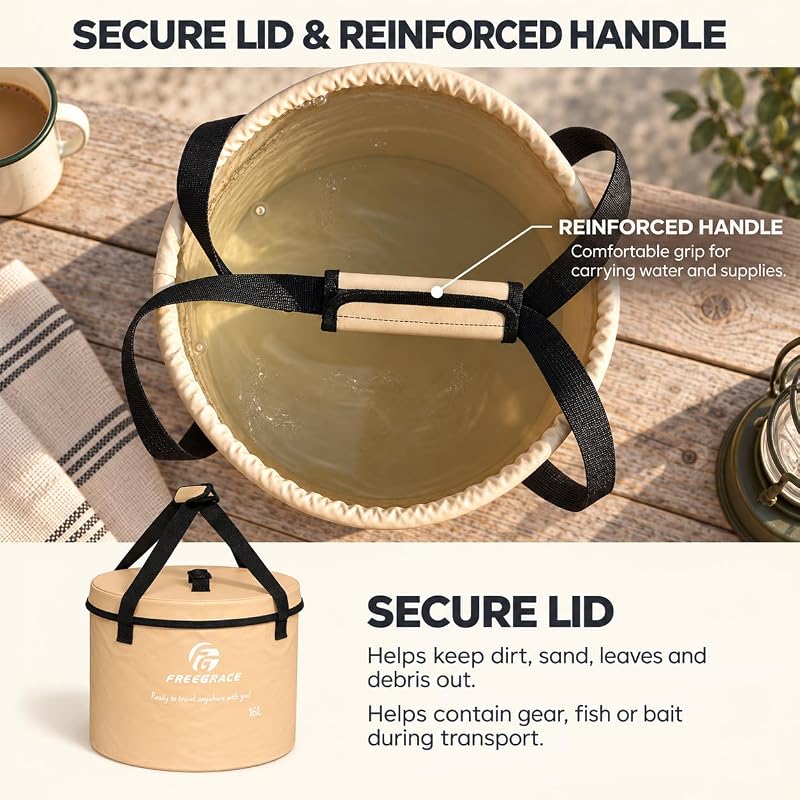 Freegrace 23L Collapsible Water Bucket with Lid – Khaki, With Lid, Portable Camping Wash Basin