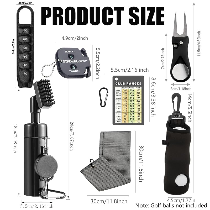 7Pcs Golf Accessories Kit with Towel, Cleaner, Diver Tool, Score Counter & Black Variation
